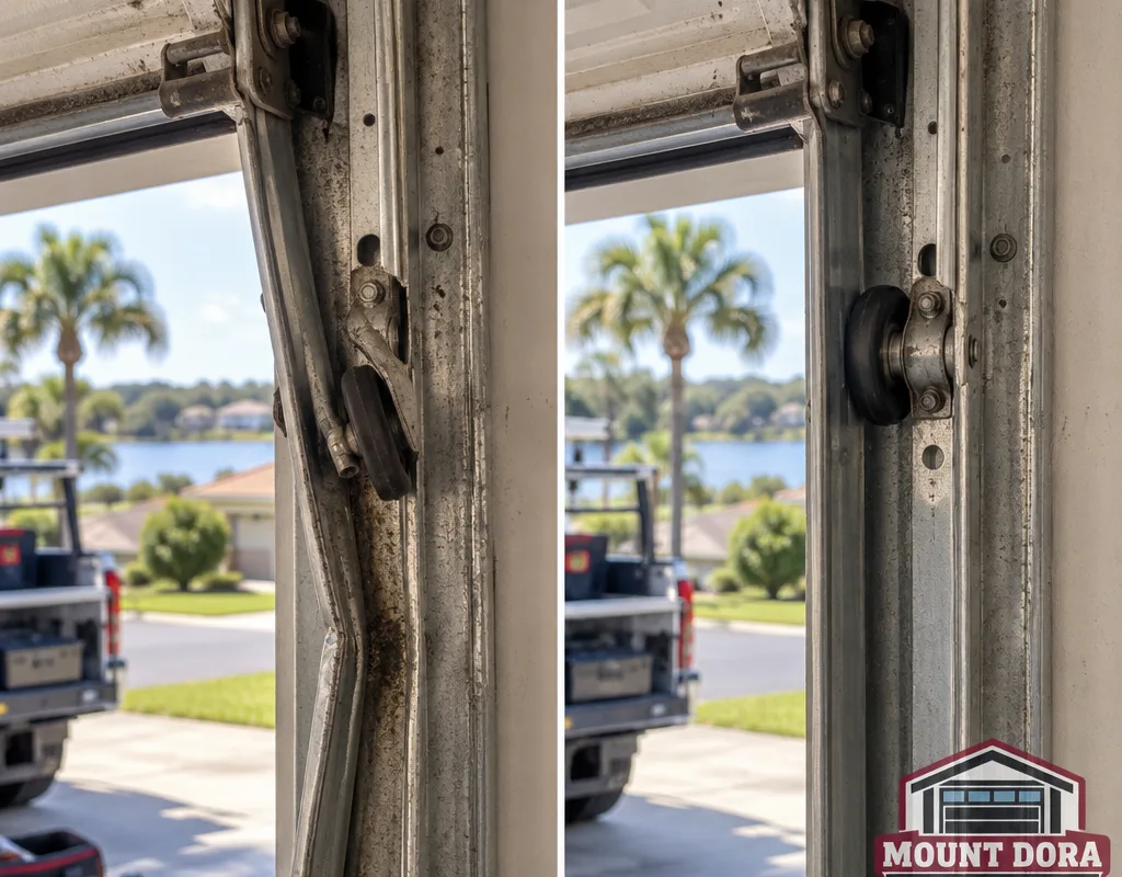 Before and after view of an off-track garage door reset with straight track alignment