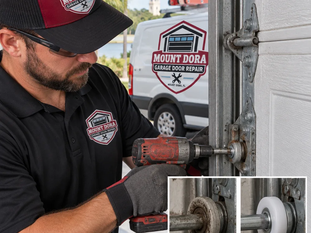 Technician inspecting a residential garage door torsion spring and center bearing with repair tools nearby