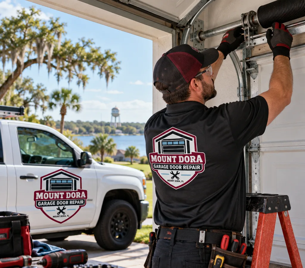 Technician's gloved hands adjusting a torsion spring with winding bars on a secured residential garage door