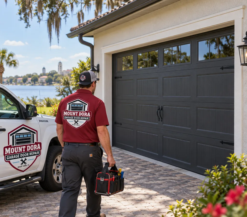 Newly installed modern sectional garage door on a Florida home with clean trim, an even bottom seal, and aligned tracks