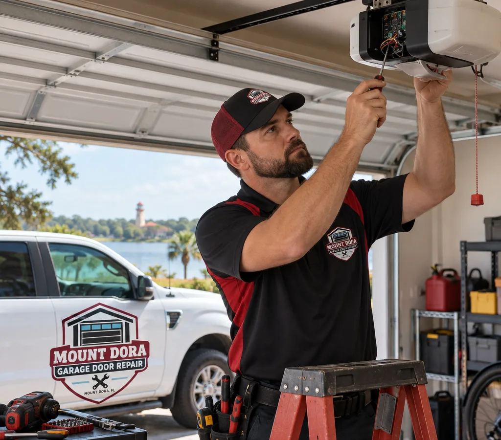 Technician diagnosing a residential garage door opener on the ceiling rail with the motor head, drive system, and safety sensors visible