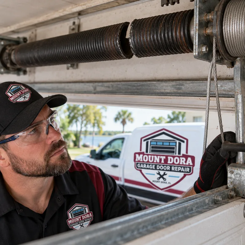 Technician inspecting a frayed garage door cable near a torsion spring and cable drum with a flashlight