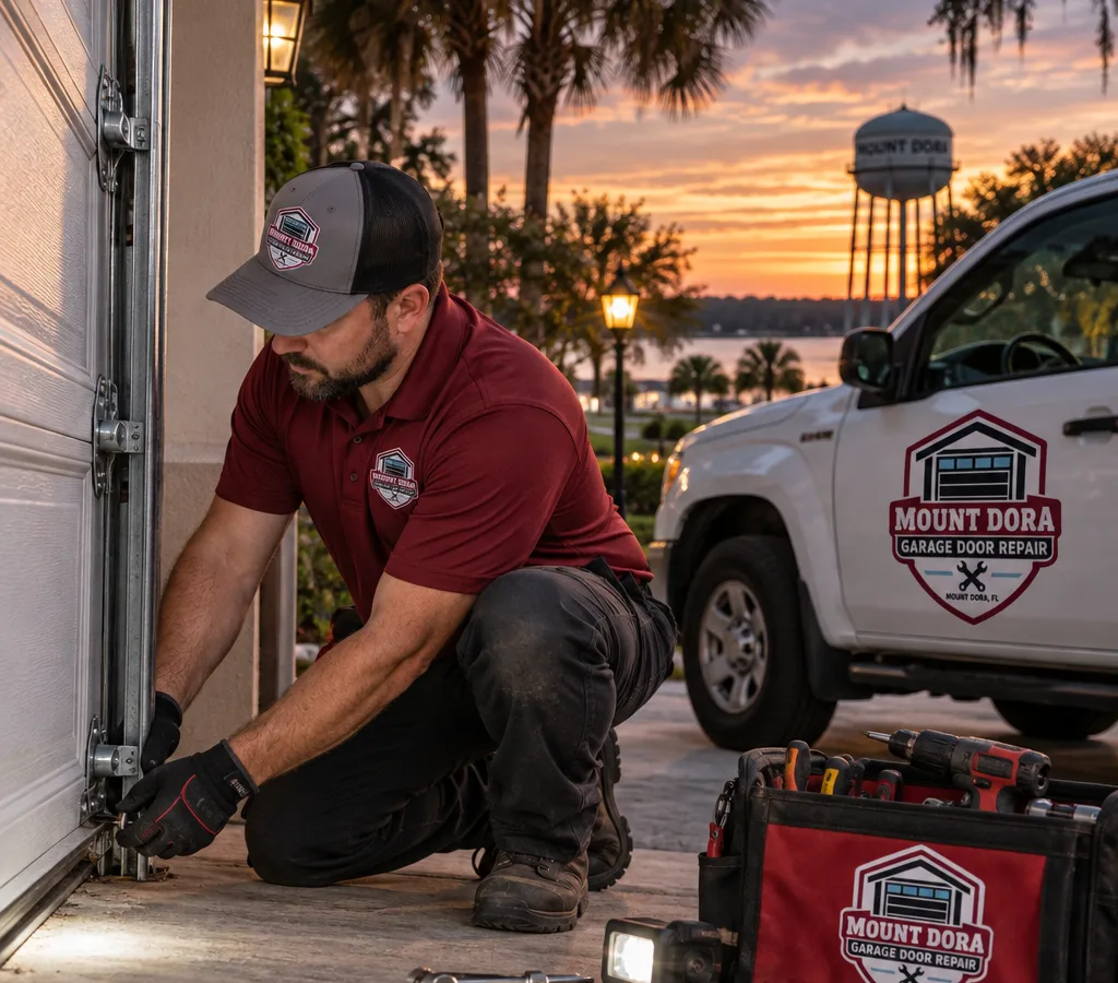 Residential garage door partially open at dusk with emergency repair tools staged nearby in Mount Dora