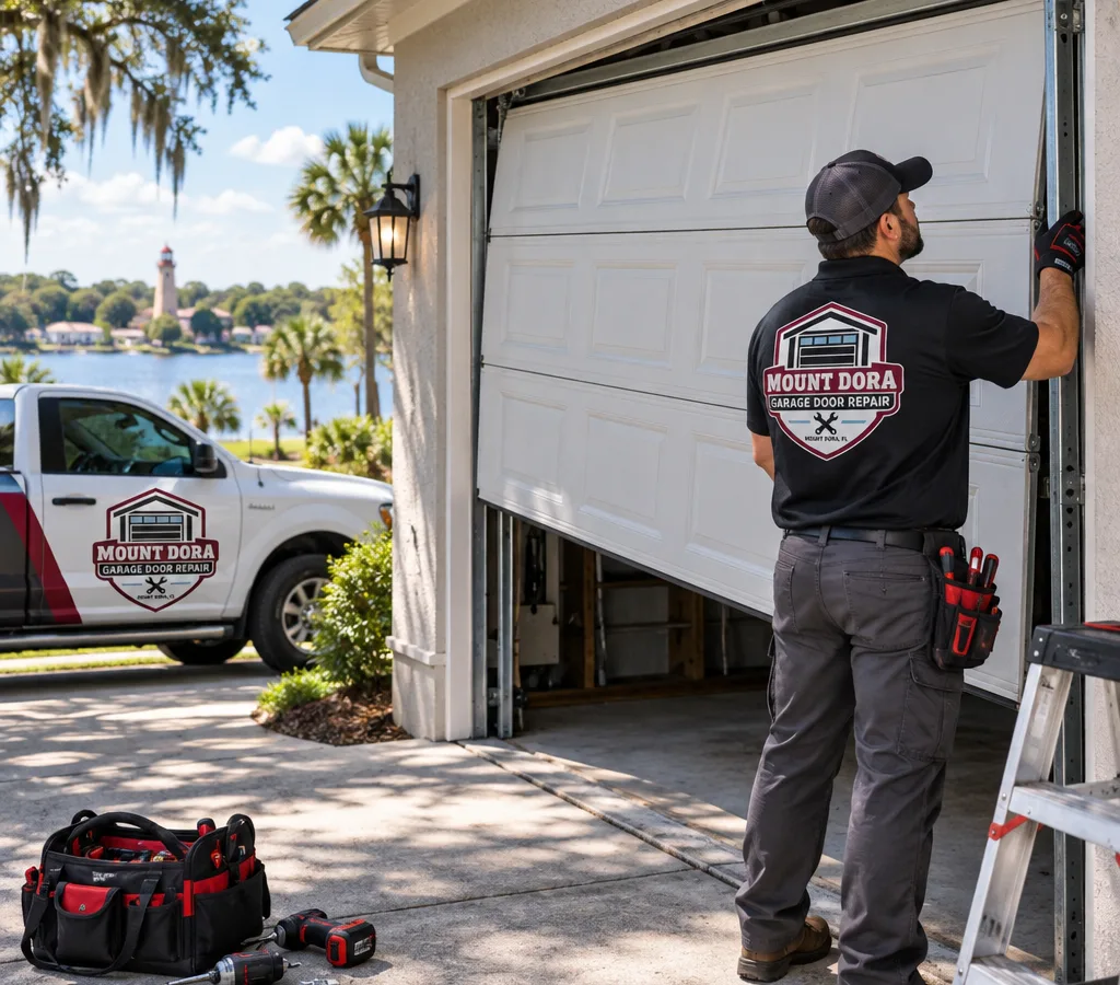 Residential garage door in Mount Dora sitting crooked with one side off the track near the vertical rail and rollers